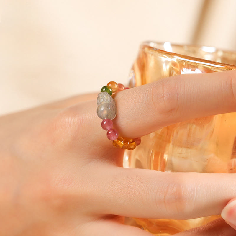 Natural Tourmaline and Pixiu Adjustable Gemstone Ring for Emotional Balance