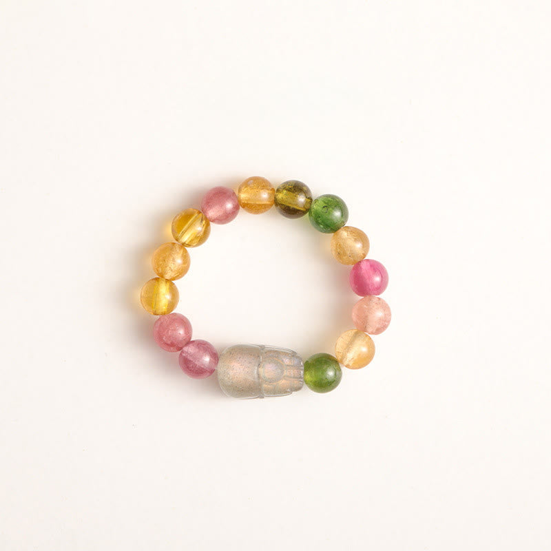 Natural Tourmaline and Pixiu Adjustable Gemstone Ring for Emotional Balance