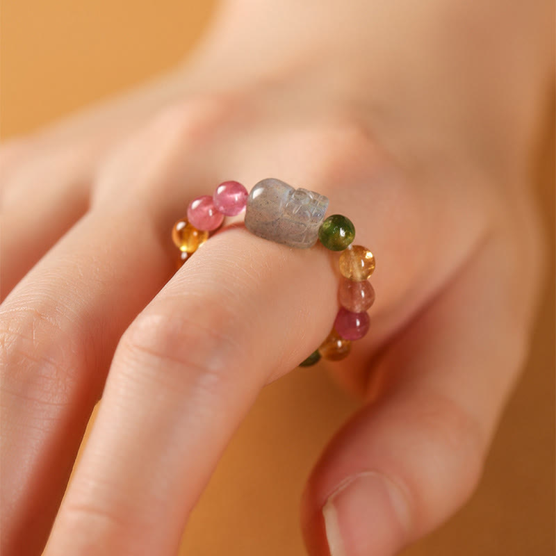 Natural Tourmaline and Pixiu Adjustable Gemstone Ring for Emotional Balance