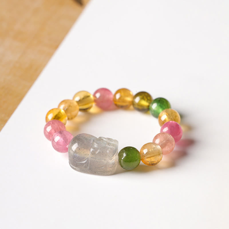 Natural Tourmaline and Pixiu Adjustable Gemstone Ring for Emotional Balance