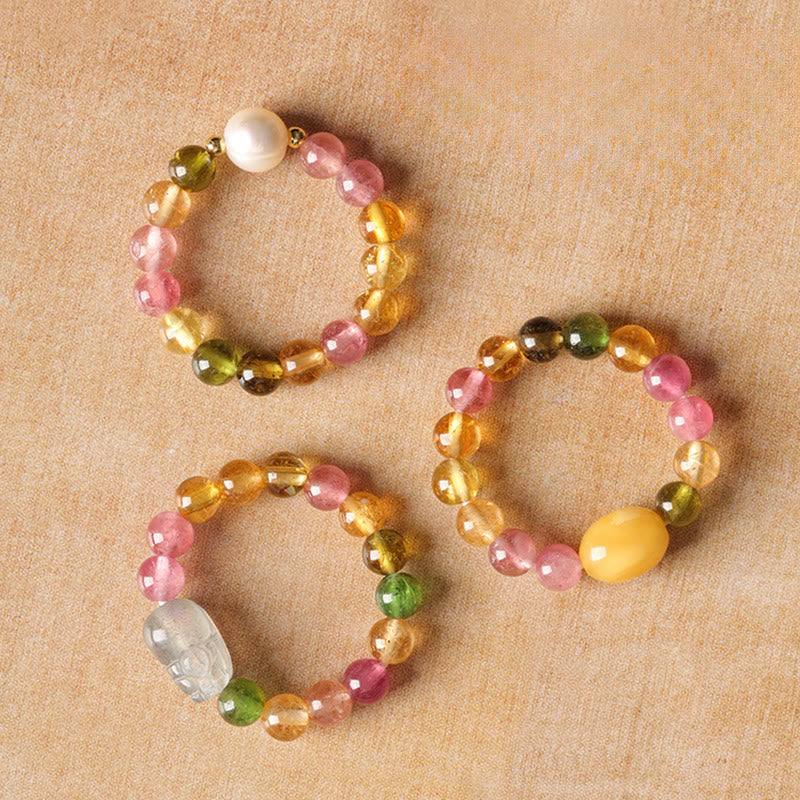 Natural Tourmaline and Pixiu Adjustable Gemstone Ring for Emotional Balance