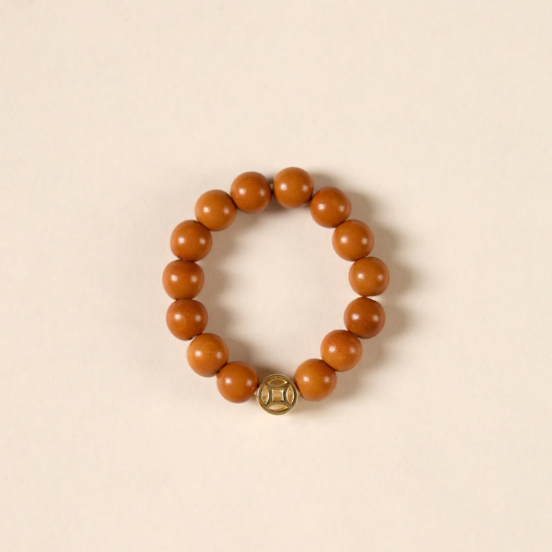 Gold & Olive Wood Bead Adjustable Ring with Copper Coin Accents
