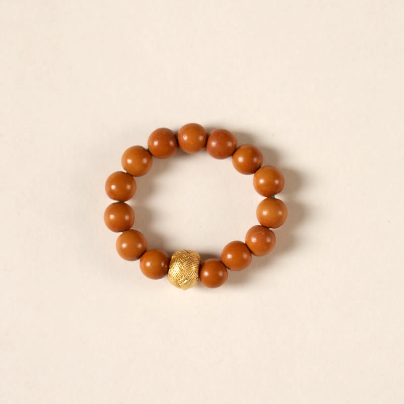 Gold & Olive Wood Bead Adjustable Ring with Copper Coin Accents