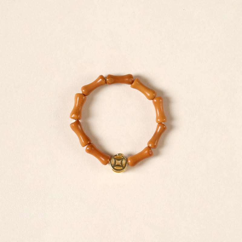 Gold & Olive Wood Bead Adjustable Ring with Copper Coin Accents