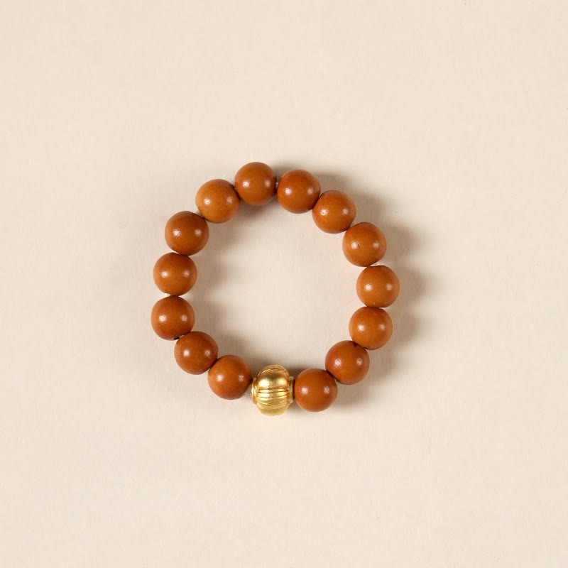 Gold & Olive Wood Bead Adjustable Ring with Copper Coin Accents