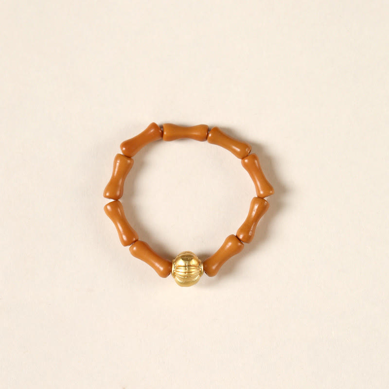 Gold & Olive Wood Bead Adjustable Ring with Copper Coin Accents