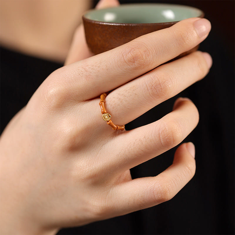 Gold & Olive Wood Bead Adjustable Ring with Copper Coin Accents