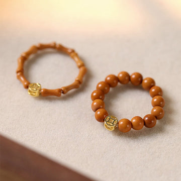 Gold & Olive Wood Bead Adjustable Ring with Copper Coin Accents