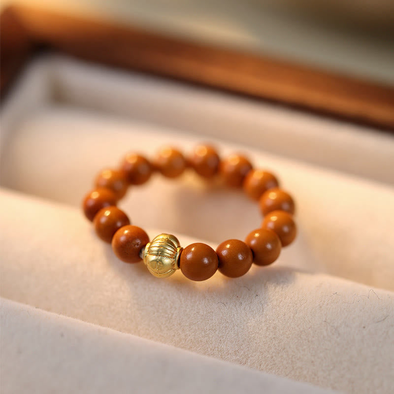 Gold & Olive Wood Bead Adjustable Ring with Copper Coin Accents