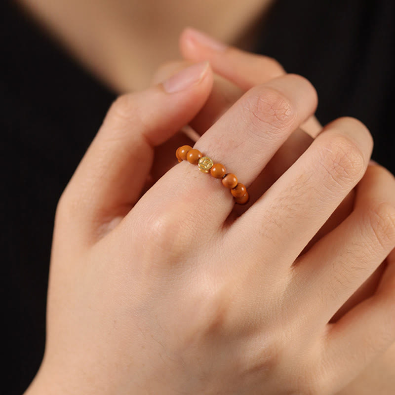 Gold & Olive Wood Bead Adjustable Ring with Copper Coin Accents