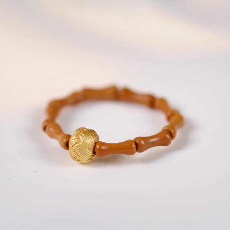 Gold & Olive Wood Bead Adjustable Ring with Copper Coin Accents