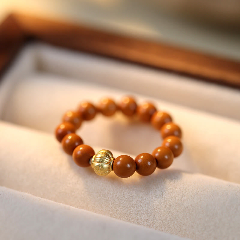 Gold & Olive Wood Bead Adjustable Ring with Copper Coin Accents
