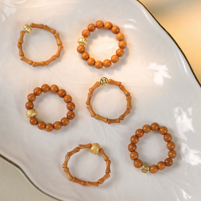 Gold & Olive Wood Bead Adjustable Ring with Copper Coin Accents