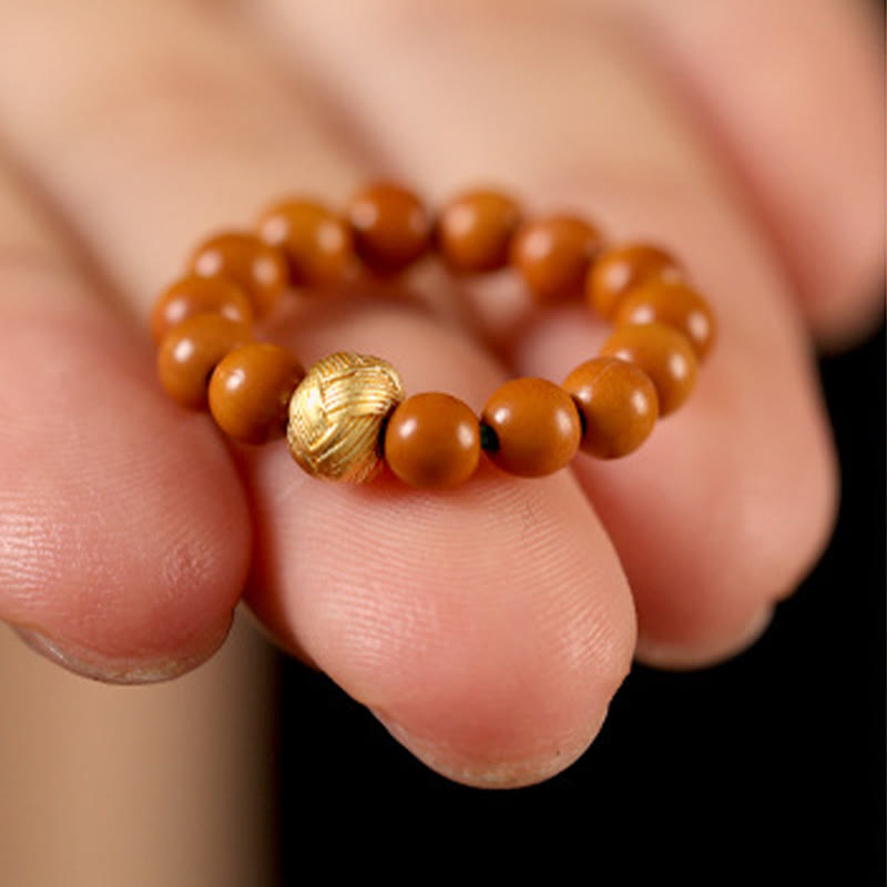 Gold & Olive Wood Bead Adjustable Ring with Copper Coin Accents