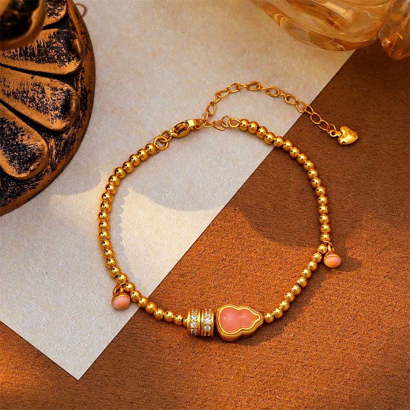24K Gold Plated Brass Wu Lou Gourd Beaded Bracelet with Cat's Eye
