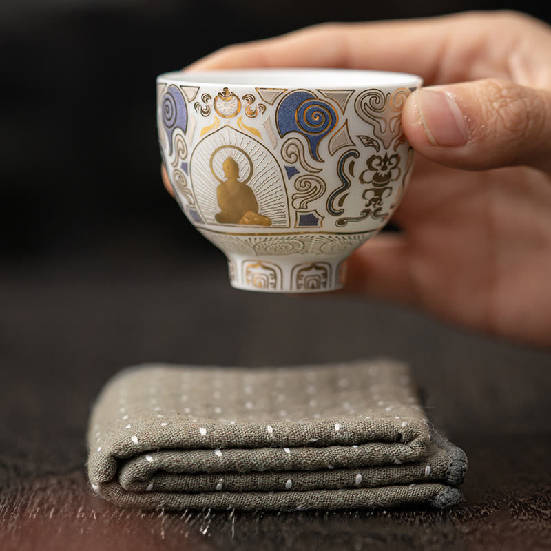 White Thangka Buddha Auspicious Clouds Teacup Kung Fu Tea Cup