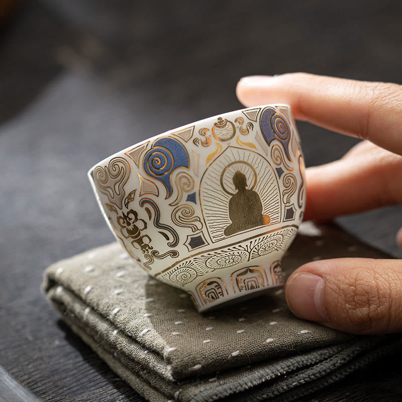 White Thangka Buddha Auspicious Clouds Teacup Kung Fu Tea Cup