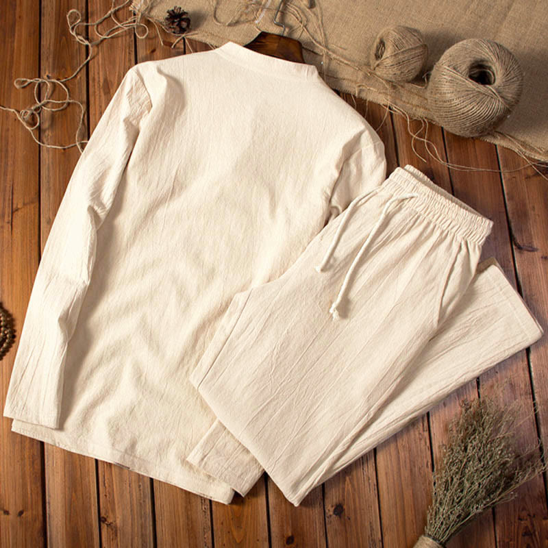 Pure Color Cotton Linen Long Sleeve Top Pants Clothing Men's Set