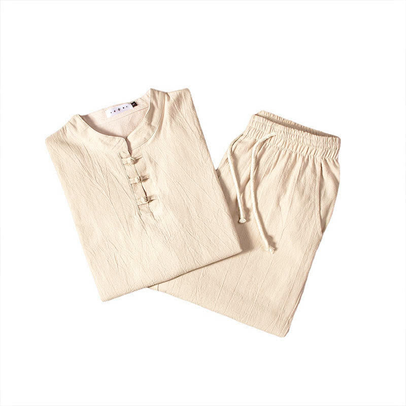 Pure Color Cotton Linen Long Sleeve Top Pants Clothing Men's Set