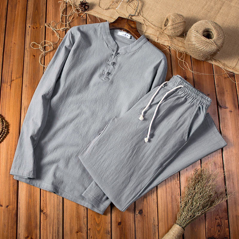 Pure Color Cotton Linen Long Sleeve Top Pants Clothing Men's Set