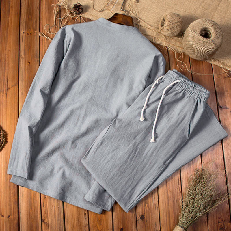 Pure Color Cotton Linen Long Sleeve Top Pants Clothing Men's Set