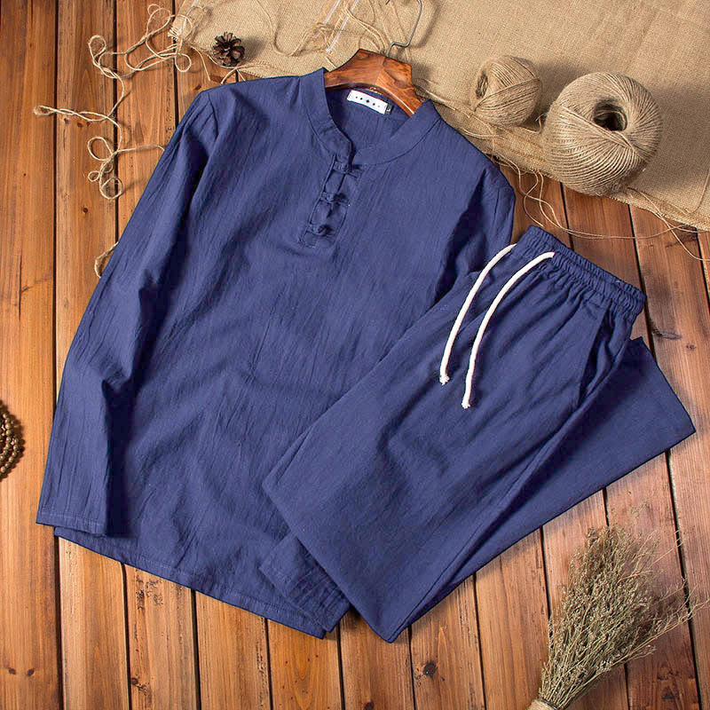 Pure Color Cotton Linen Long Sleeve Top Pants Clothing Men's Set