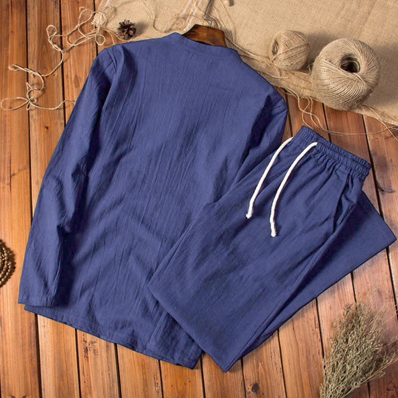 Pure Color Cotton Linen Long Sleeve Top Pants Clothing Men's Set