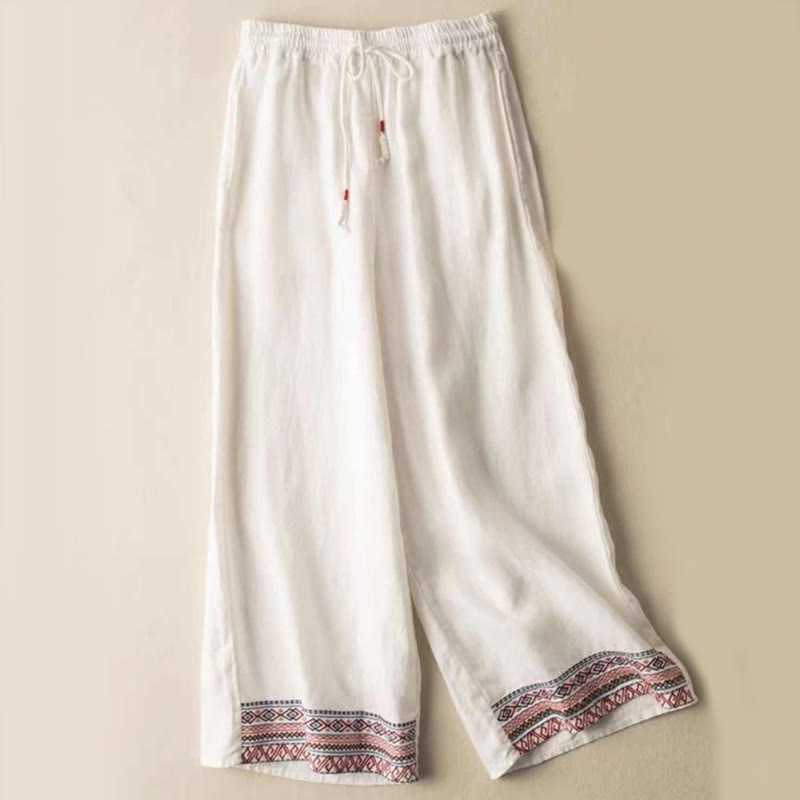 Plain Bohemian Stripes Women's Wide Leg Cotton Pants With Pockets