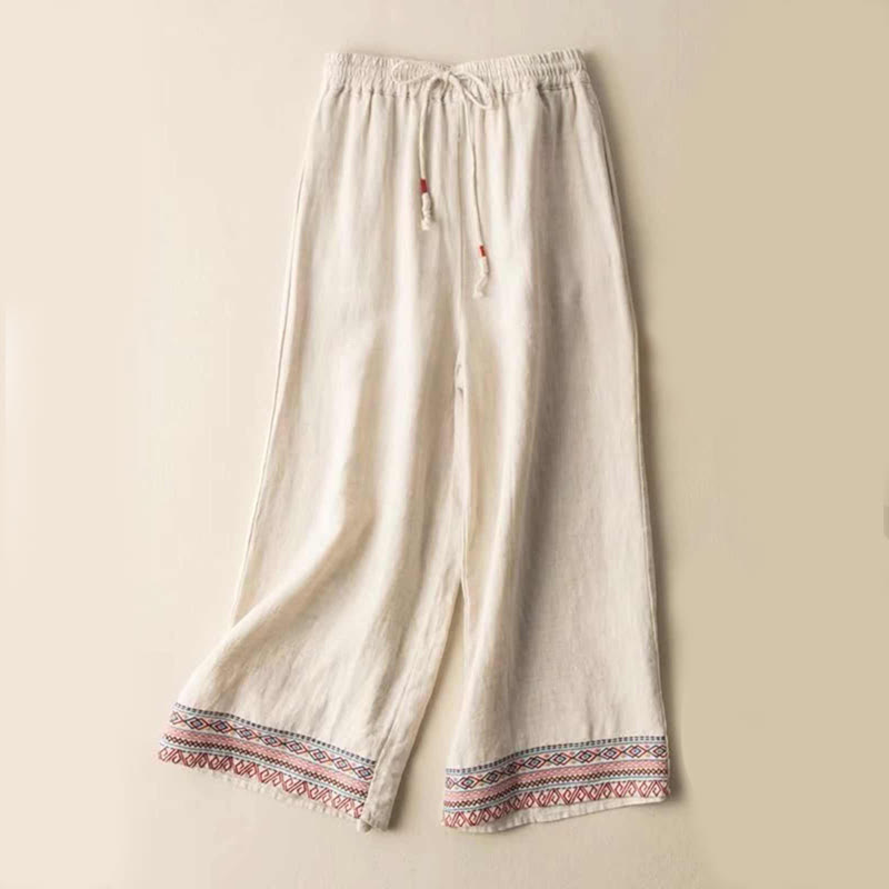 Plain Bohemian Stripes Women's Wide Leg Cotton Pants With Pockets