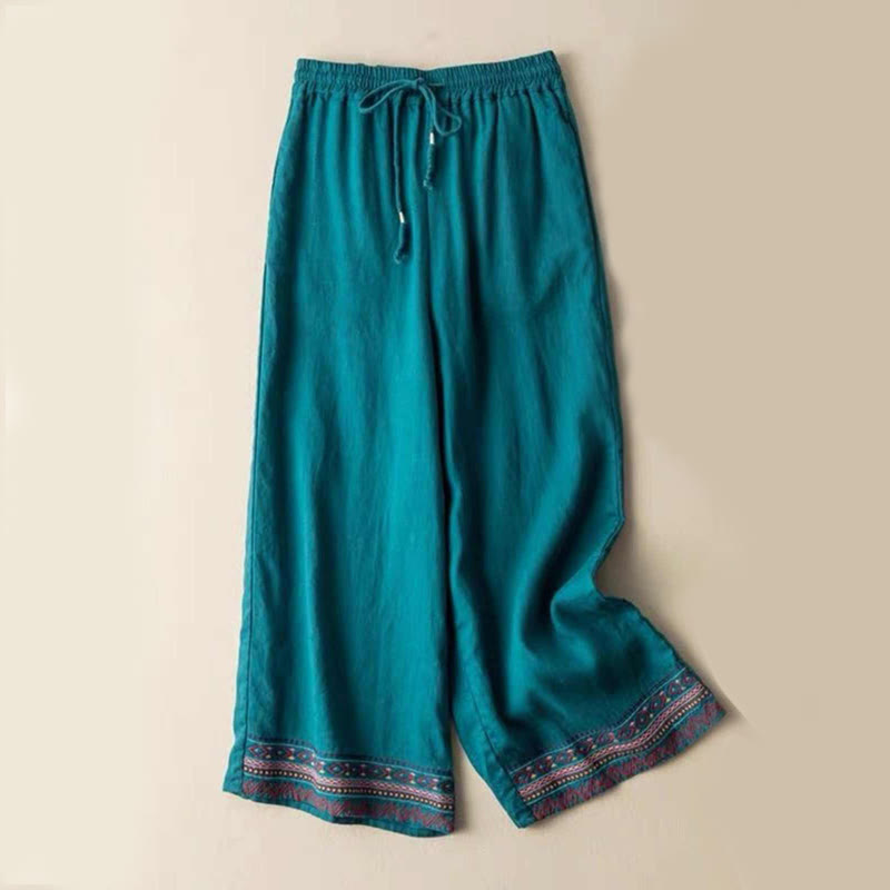 Plain Bohemian Stripes Women's Wide Leg Cotton Pants With Pockets