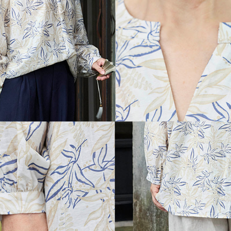 Breathable Botanical Notched Long Sleeve Lounge Shirt