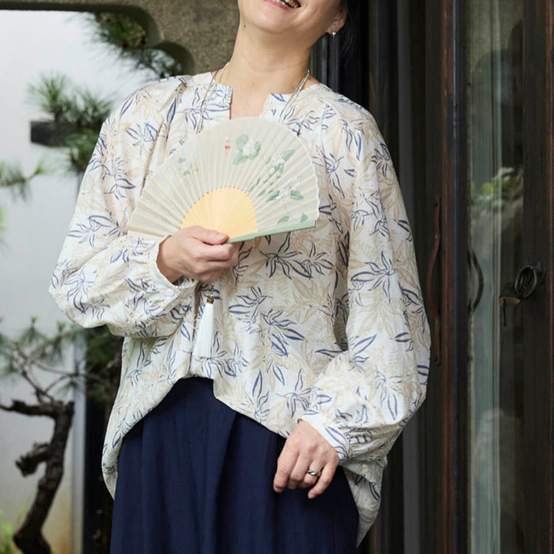 Breathable Botanical Notched Long Sleeve Lounge Shirt