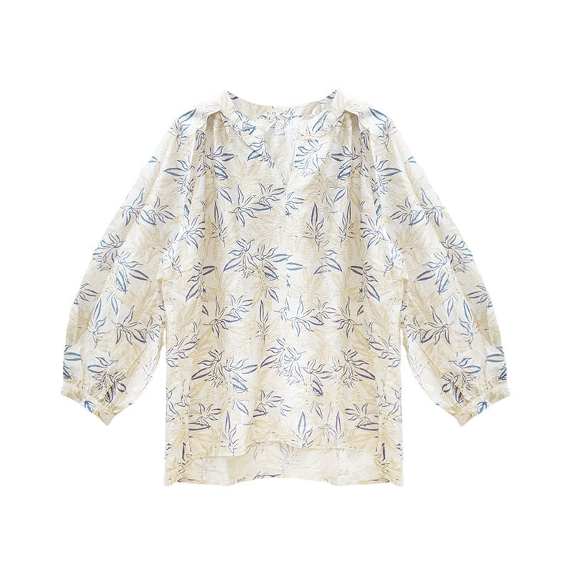 Breathable Botanical Notched Long Sleeve Lounge Shirt