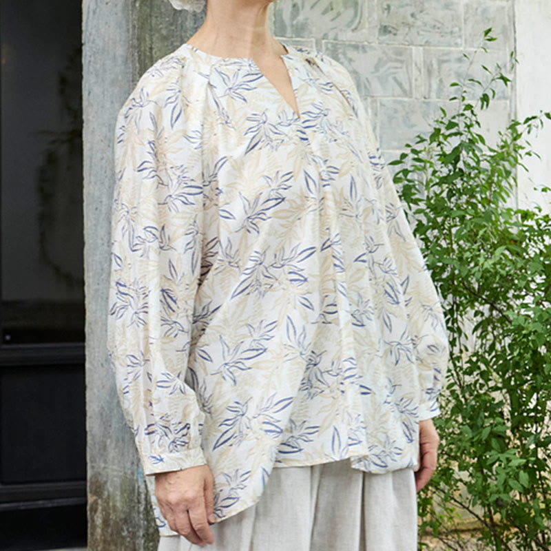 Breathable Botanical Notched Long Sleeve Lounge Shirt