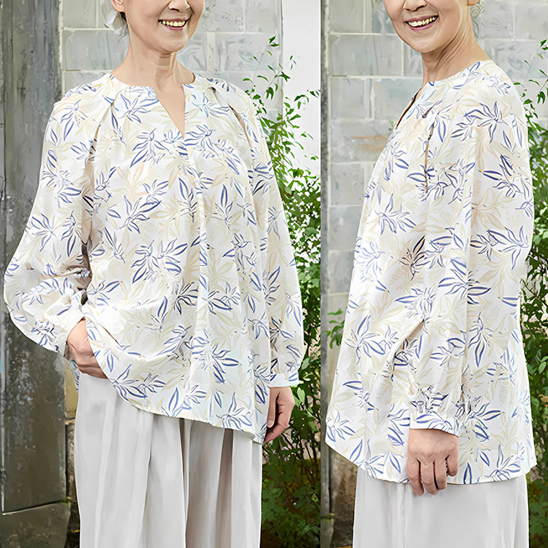 Breathable Botanical Notched Long Sleeve Lounge Shirt
