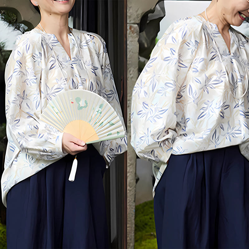 Breathable Botanical Notched Long Sleeve Lounge Shirt