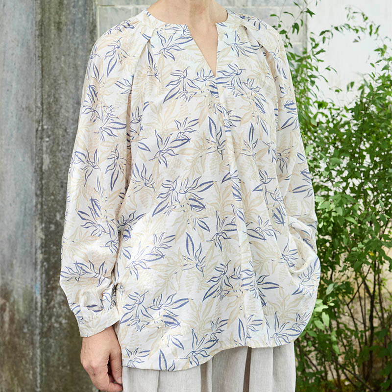 Breathable Botanical Notched Long Sleeve Lounge Shirt