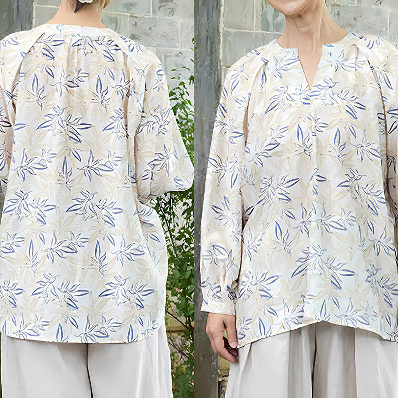 Breathable Botanical Notched Long Sleeve Lounge Shirt