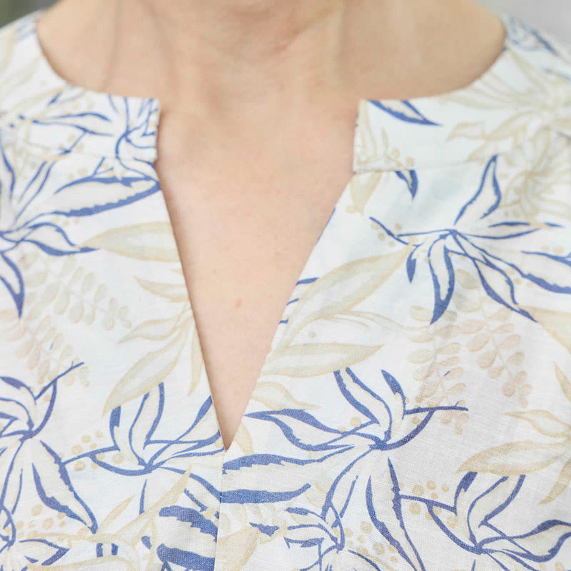 Breathable Botanical Notched Long Sleeve Lounge Shirt