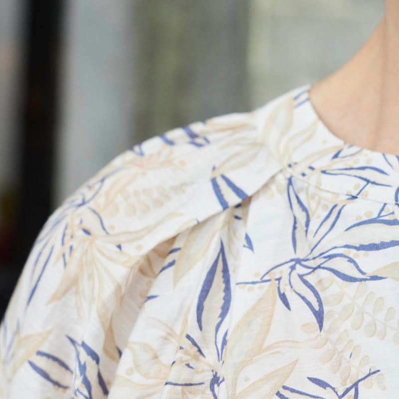 Breathable Botanical Notched Long Sleeve Lounge Shirt