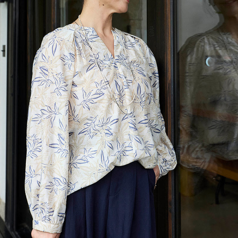 Breathable Botanical Notched Long Sleeve Lounge Shirt