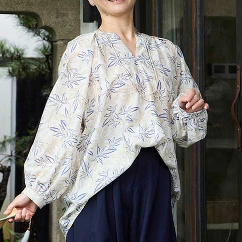 Breathable Botanical Notched Long Sleeve Lounge Shirt