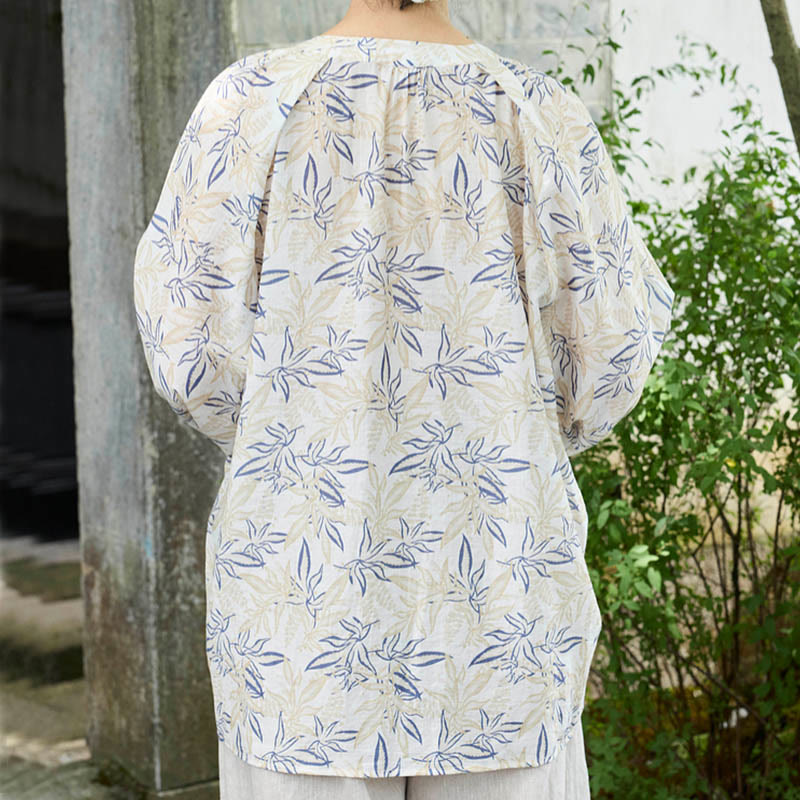 Breathable Botanical Notched Long Sleeve Lounge Shirt