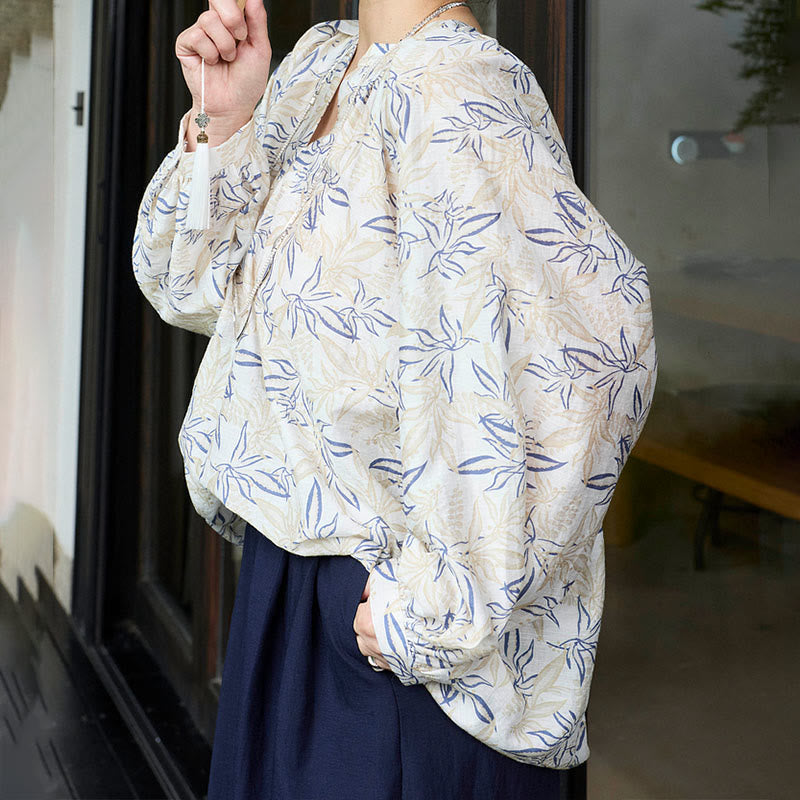 Breathable Botanical Notched Long Sleeve Lounge Shirt