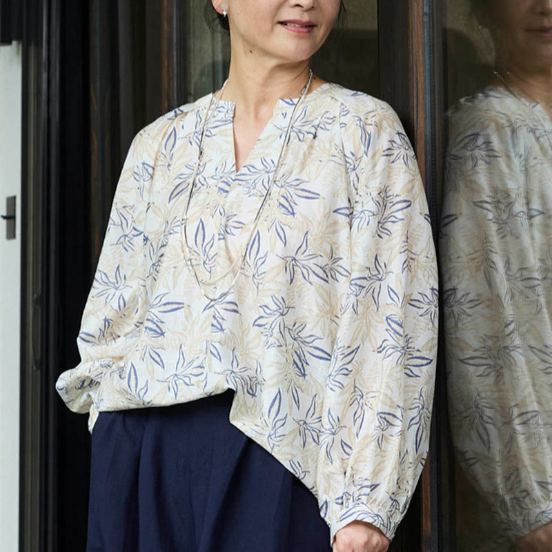 Breathable Botanical Notched Long Sleeve Lounge Shirt