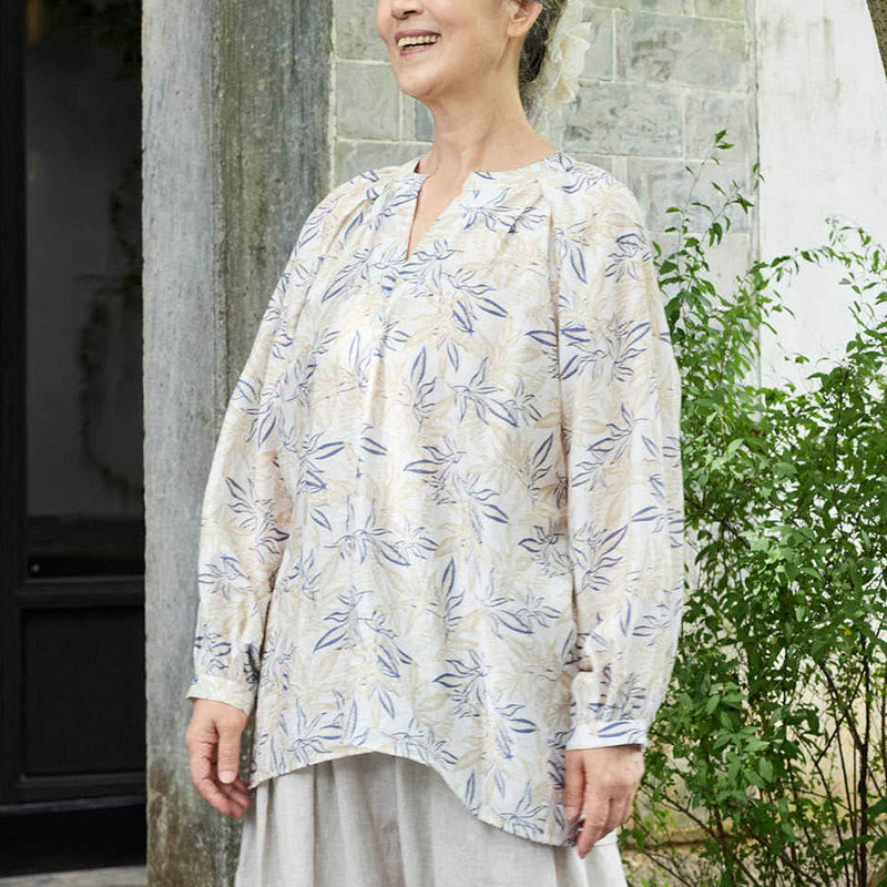 Breathable Botanical Notched Long Sleeve Lounge Shirt