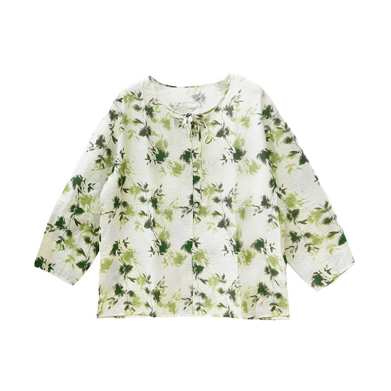 Botanical Print Lace-Up Lightweight Mindful Shirt