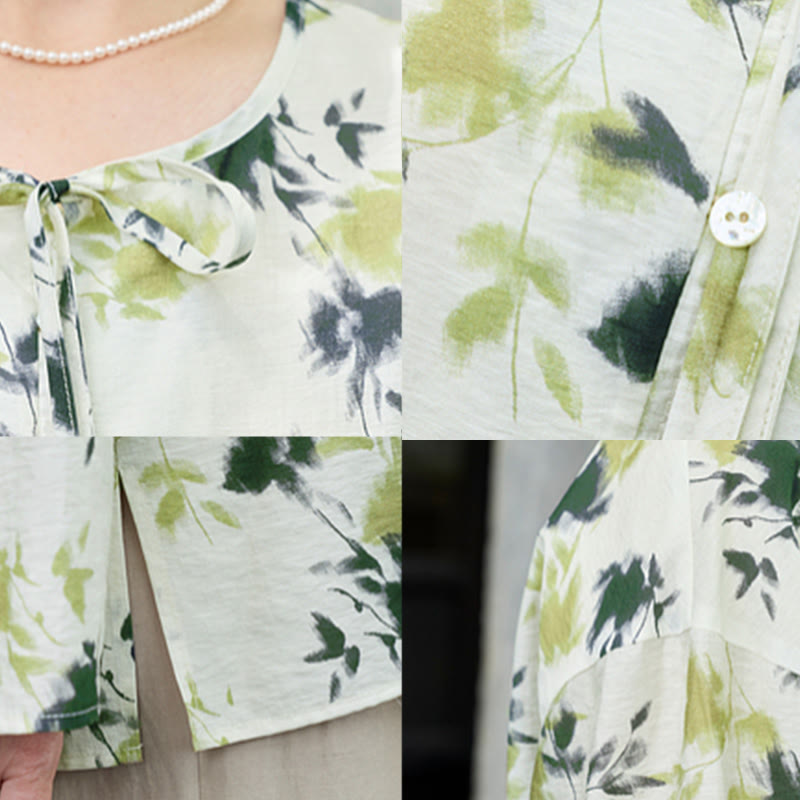 Botanical Print Lace-Up Lightweight Mindful Shirt