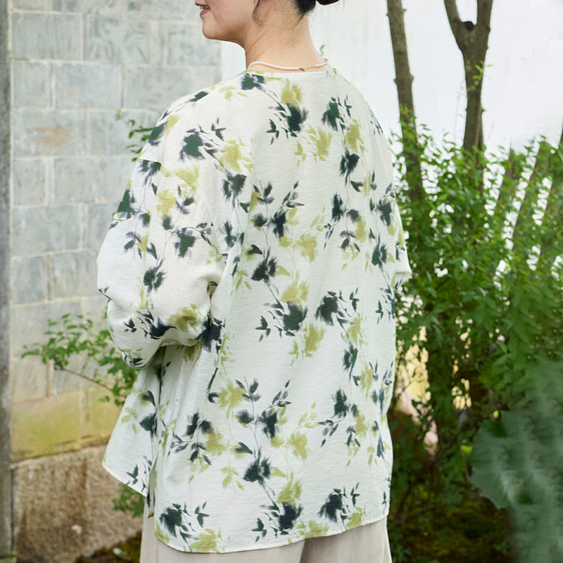 Botanical Print Lace-Up Lightweight Mindful Shirt