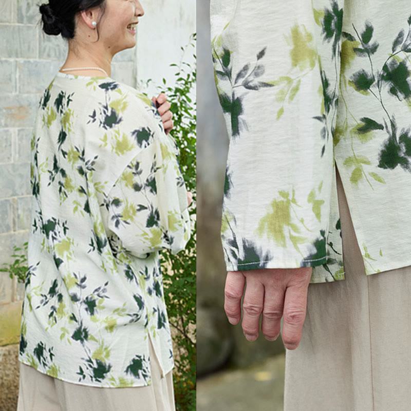Botanical Print Lace-Up Lightweight Mindful Shirt